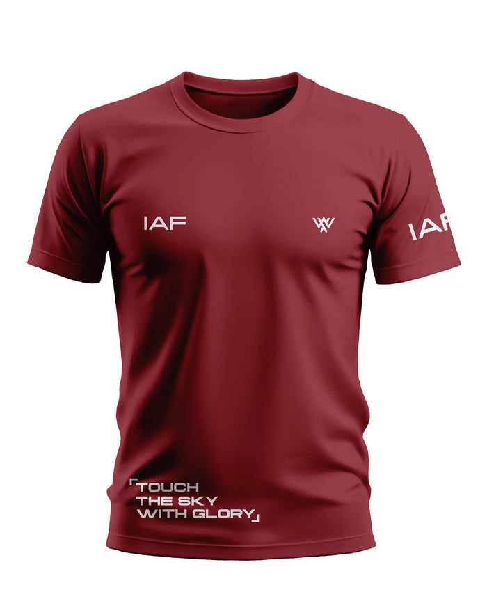 Maroon men's t-shirt with IAF and 'Touch the sky with glory' text, crew neck design