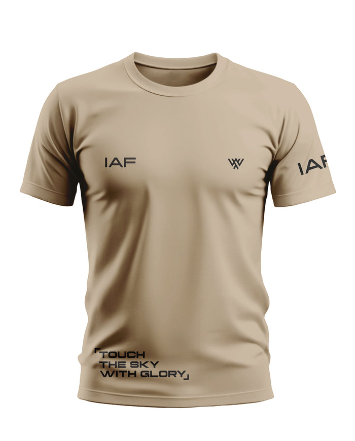 Beige men's t-shirt with IAF text, small graphic logo, and 'Touch The Sky With Glory' slogan
