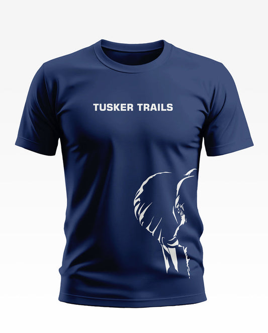 Navy blue men's t-shirt with 'Tusker Trails' text and white elephant graphic print