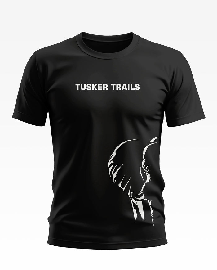Black men's t-shirt with 'TUSKER TRAILS' text and white elephant graphic print