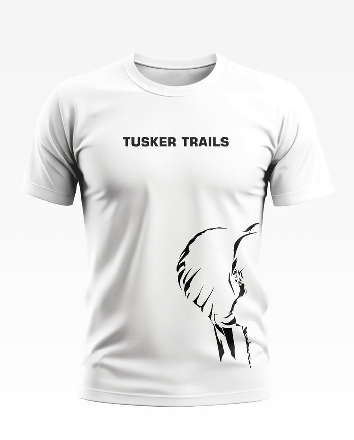 White men’s t-shirt with TUSKER TRAILS text and black abstract elephant graphic