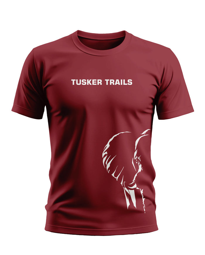 Maroon men's t-shirt with 'Tusker Trails' text and white elephant graphic print