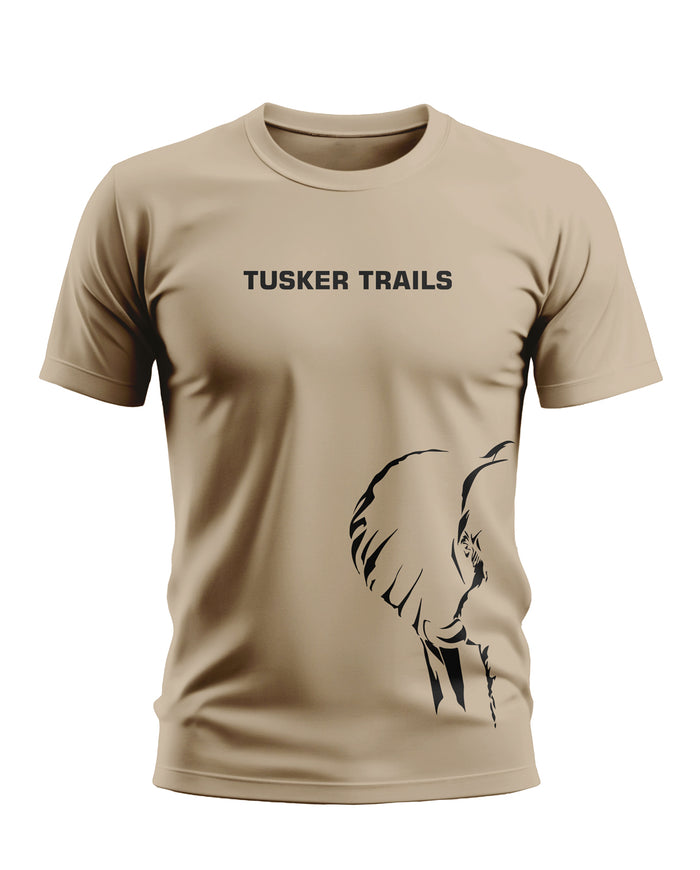 Beige men's t-shirt with 'Tusker Trails' text and black elephant graphic, crew neck, short sleeves