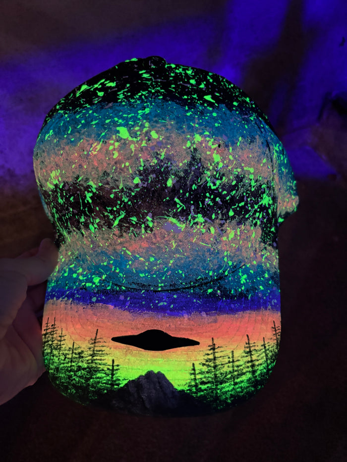 UFO at Sunset Glow in the Dark Galaxy Hat