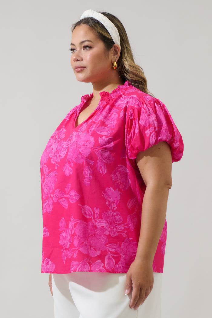 Vacey Floral Poly Smocked Top Curve