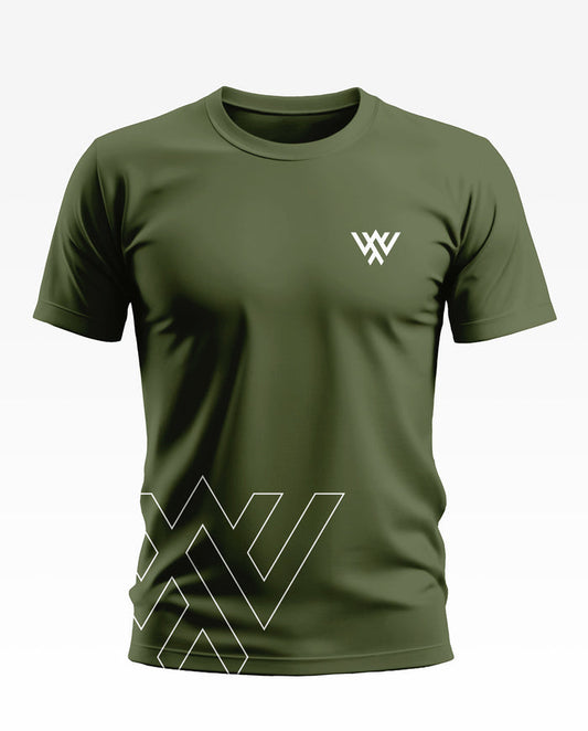 Olive green men's t-shirt with white geometric patterns, short sleeves, crew neck