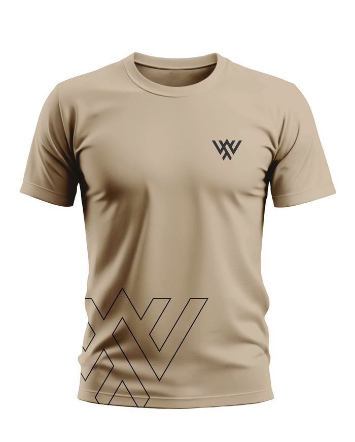 Beige men's crew neck t-shirt with black geometric logo and short sleeves