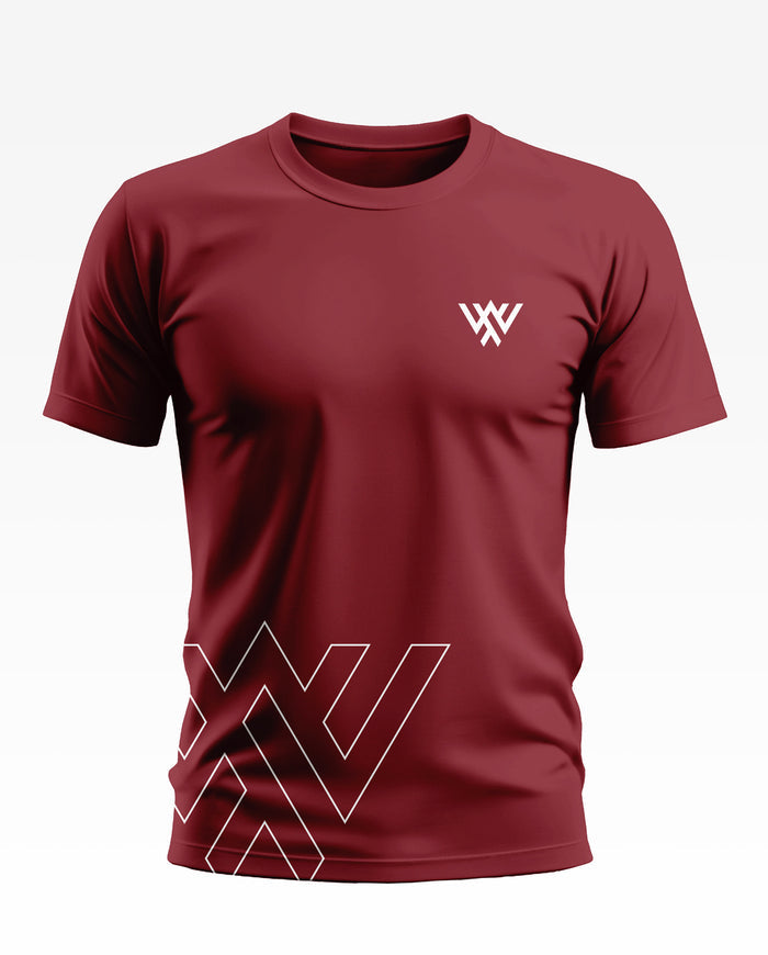 Maroon men's T-shirt with short sleeves and white geometric logo accents on chest and hem.