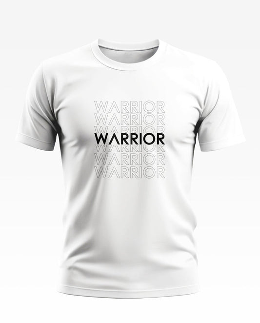 White men's t-shirt with repeated WARRIOR text design, crew neck, short sleeves