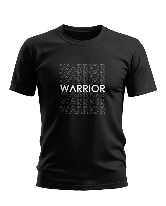 Black men's t-shirt with bold WARRIOR text graphic, crew neck, short sleeves