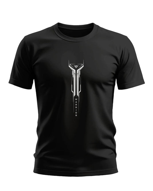 Black men's t-shirt with silver futuristic warrior graphic and vertical text on front