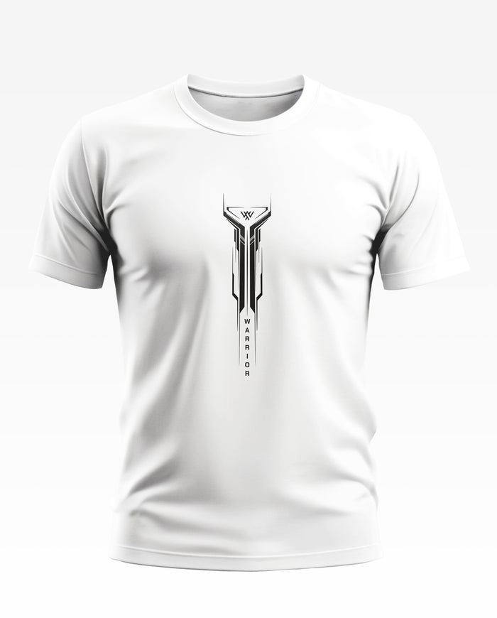 White men's t-shirt with black geometric warrior graphic and vertical text on chest