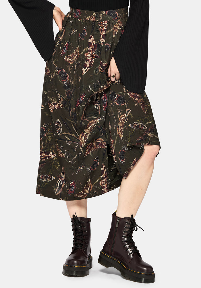 Whispen Moth Print Button Up Midi Skirt