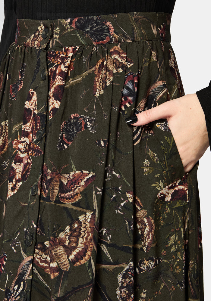 Whispen Moth Print Button Up Midi Skirt