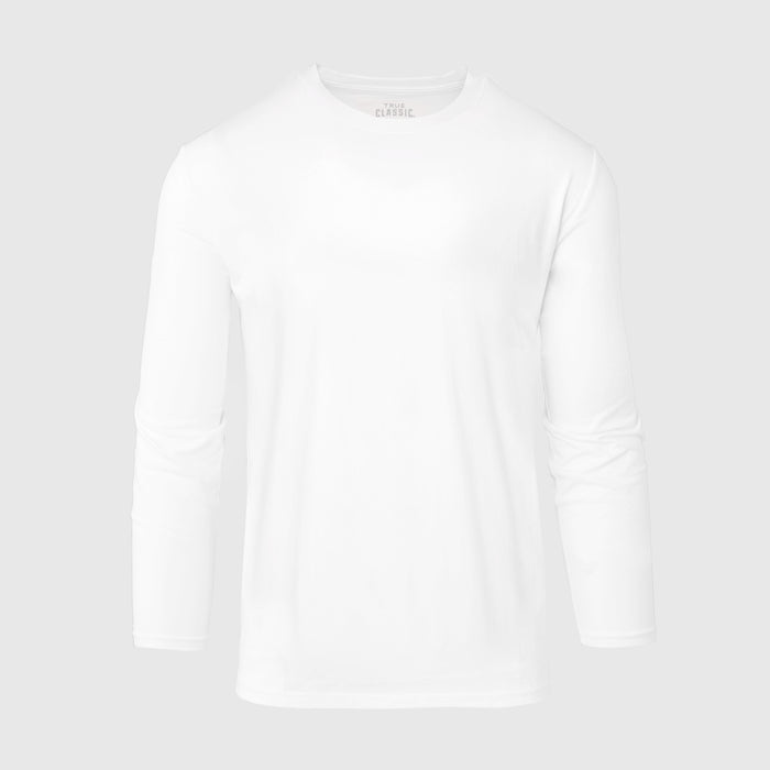 White Active Long Sleeve Crew T-Shirt displayed flat on gray background.