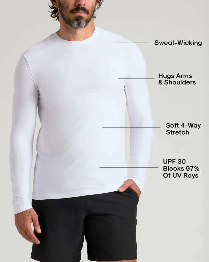 White Active Long Sleeve Crew T-Shirt on model, showcasing sweat-wicking and UV protection features.