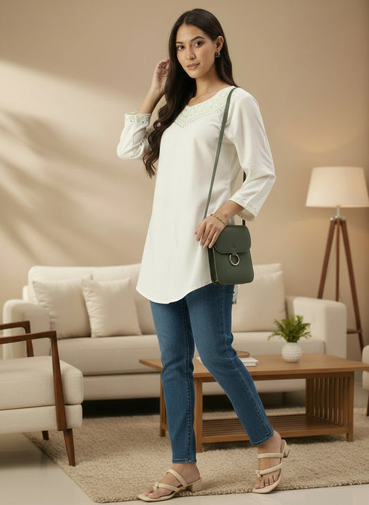 White Embroidered Ethnic Tunic, Embroidered  Printed Tunic, printed tunic, Round Tunic, casual wear Tunic, women’s tunic, Office Wear Tunic
