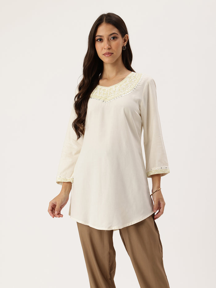 White Embroidered Ethnic Tunic, Embroidered  Printed Tunic, printed tunic, Round Tunic, casual wear Tunic, women’s tunic, Office Wear Tunic