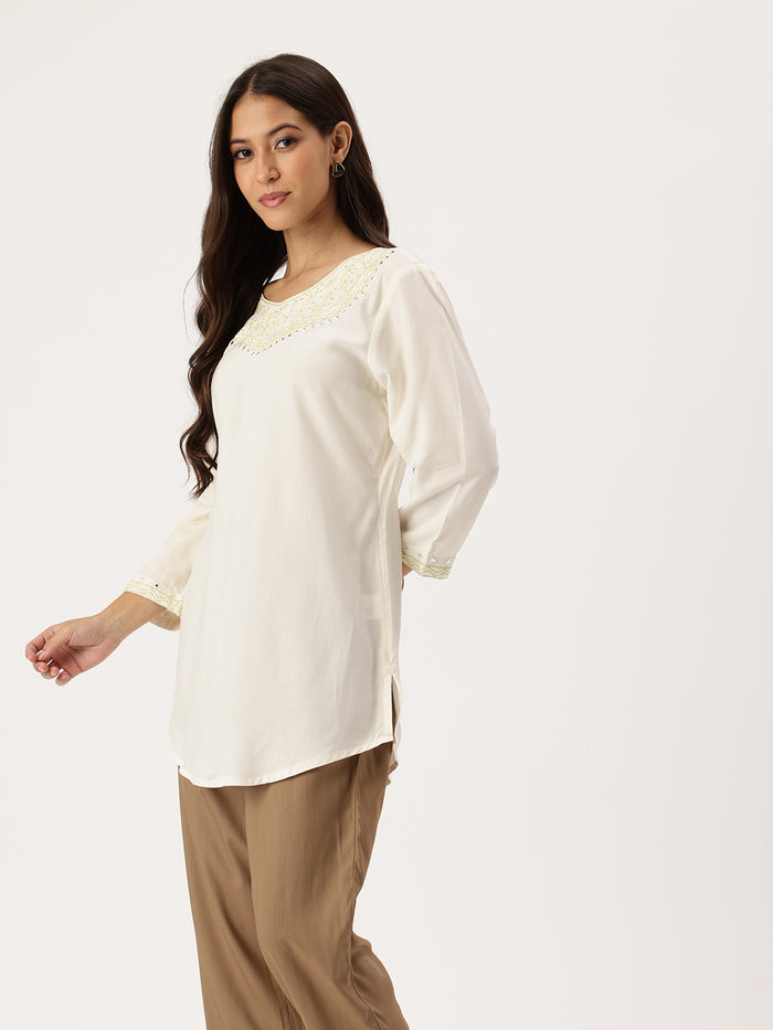 White Embroidered Ethnic Tunic, Embroidered  Printed Tunic, printed tunic, Round Tunic, casual wear Tunic, women’s tunic, Office Wear Tunic