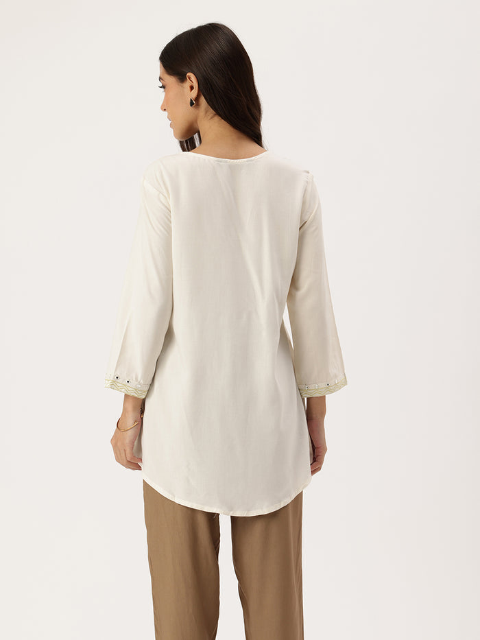 White Embroidered Ethnic Tunic, Embroidered  Printed Tunic, printed tunic, Round Tunic, casual wear Tunic, women’s tunic, Office Wear Tunic
