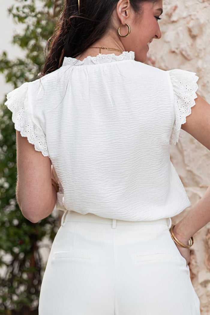 White Embroidered Ruffle Trim Textured Blouse - Tops/Blouses & Shirts