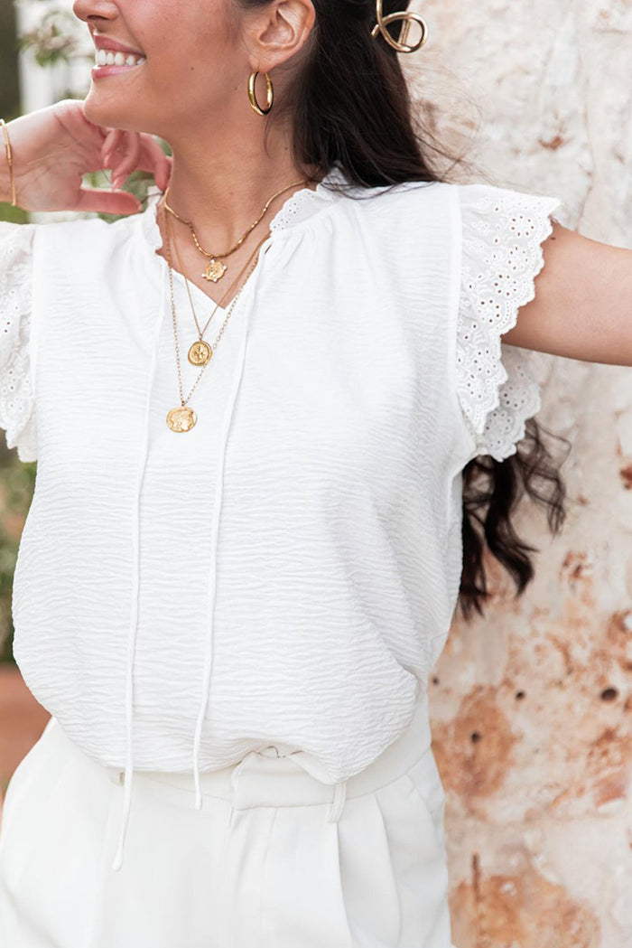 White Embroidered Ruffle Trim Textured Blouse - Tops/Blouses & Shirts