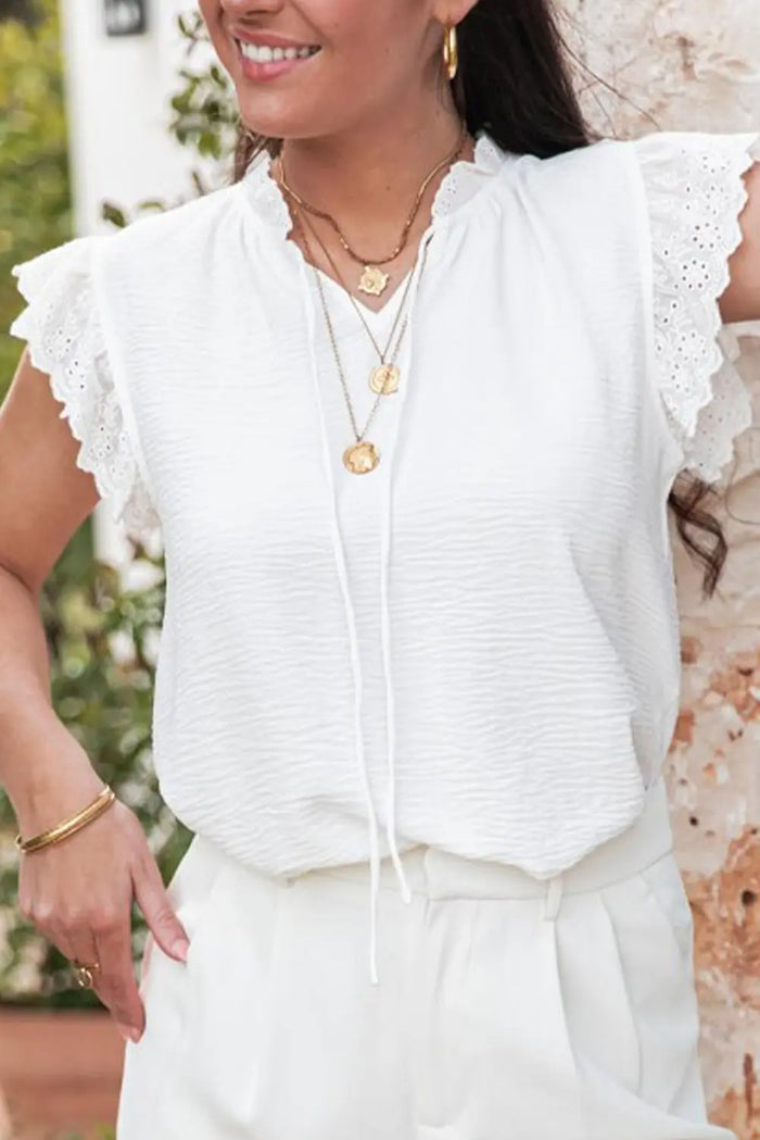 White Embroidered Ruffle Trim Textured Blouse - Tops/Blouses & Shirts