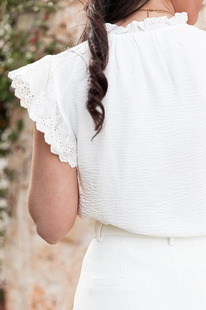 White Embroidered Ruffle Trim Textured Blouse - Tops/Blouses & Shirts