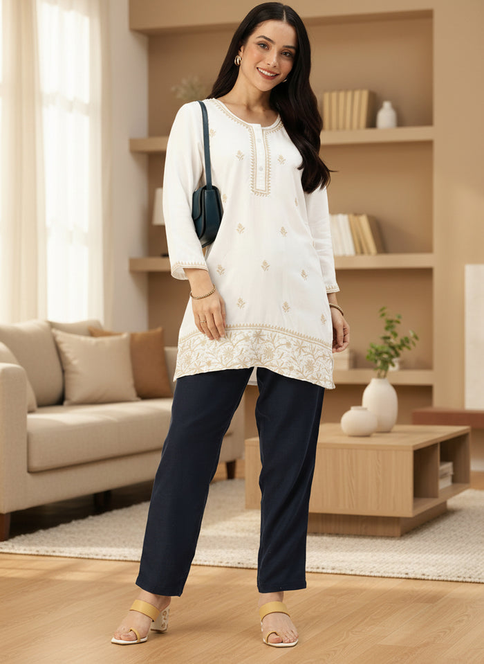 White Embroidered Tunic, Floral Printed Tunic, printed tunic, mandarin collar Tunic, casual wear Tunic, women’s tunic, Office Wear Tunic, Embroidered