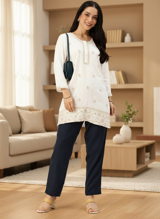 White Embroidered Tunic, Floral Printed Tunic, printed tunic, mandarin collar Tunic, casual wear Tunic, women’s tunic, Office Wear Tunic, Embroidered
