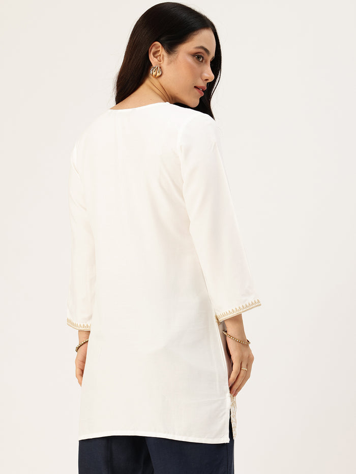 White Embroidered Tunic, Floral Printed Tunic, printed tunic, mandarin collar Tunic, casual wear Tunic, women’s tunic, Office Wear Tunic, Embroidered