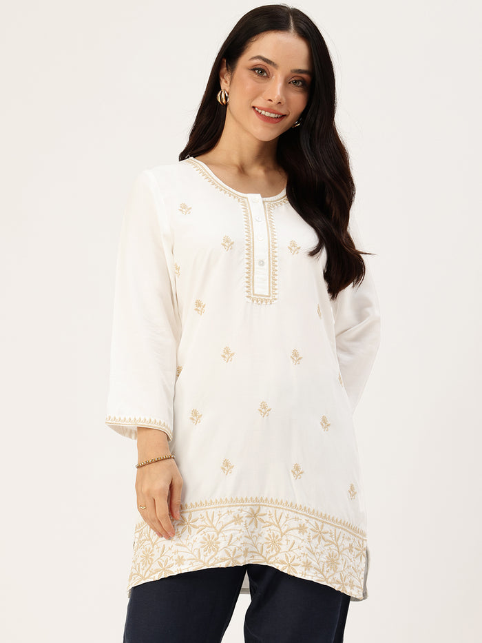 White Embroidered Tunic, Floral Printed Tunic, printed tunic, mandarin collar Tunic, casual wear Tunic, women’s tunic, Office Wear Tunic, Embroidered