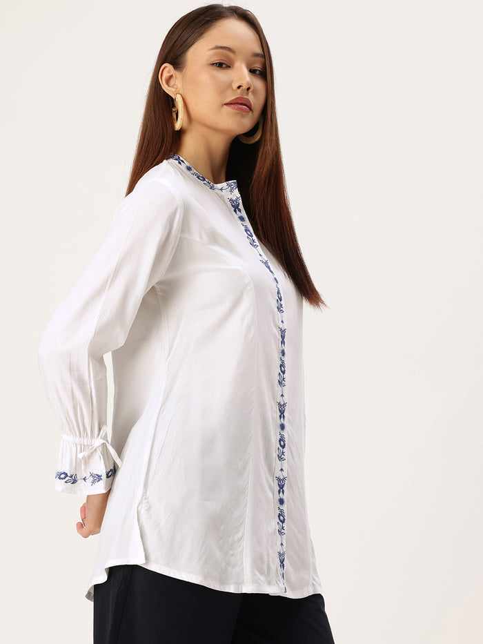 White Embroidered Tunic, Floral Printed Tunic, printed tunic, mandarin collar Tunic, casual wear Tunic, women’s tunic, Office Wear Tunic