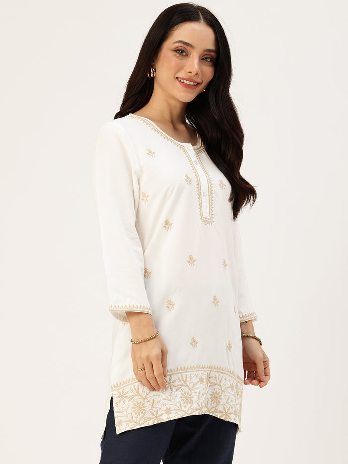 White Embroidered Tunic, Floral Printed Tunic, printed tunic, mandarin collar Tunic, casual wear Tunic, women’s tunic, Office Wear Tunic, Embroidered