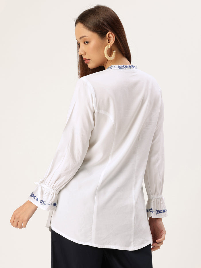 White Embroidered Tunic, Floral Printed Tunic, printed tunic, mandarin collar Tunic, casual wear Tunic, women’s tunic, Office Wear Tunic