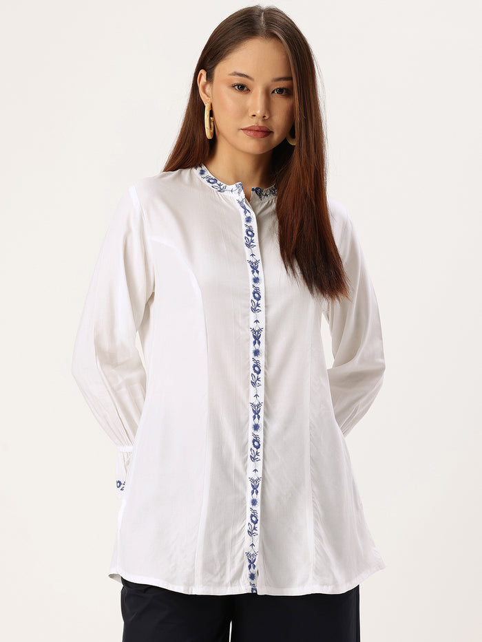 White Embroidered Tunic, Floral Printed Tunic, printed tunic, mandarin collar Tunic, casual wear Tunic, women’s tunic, Office Wear Tunic