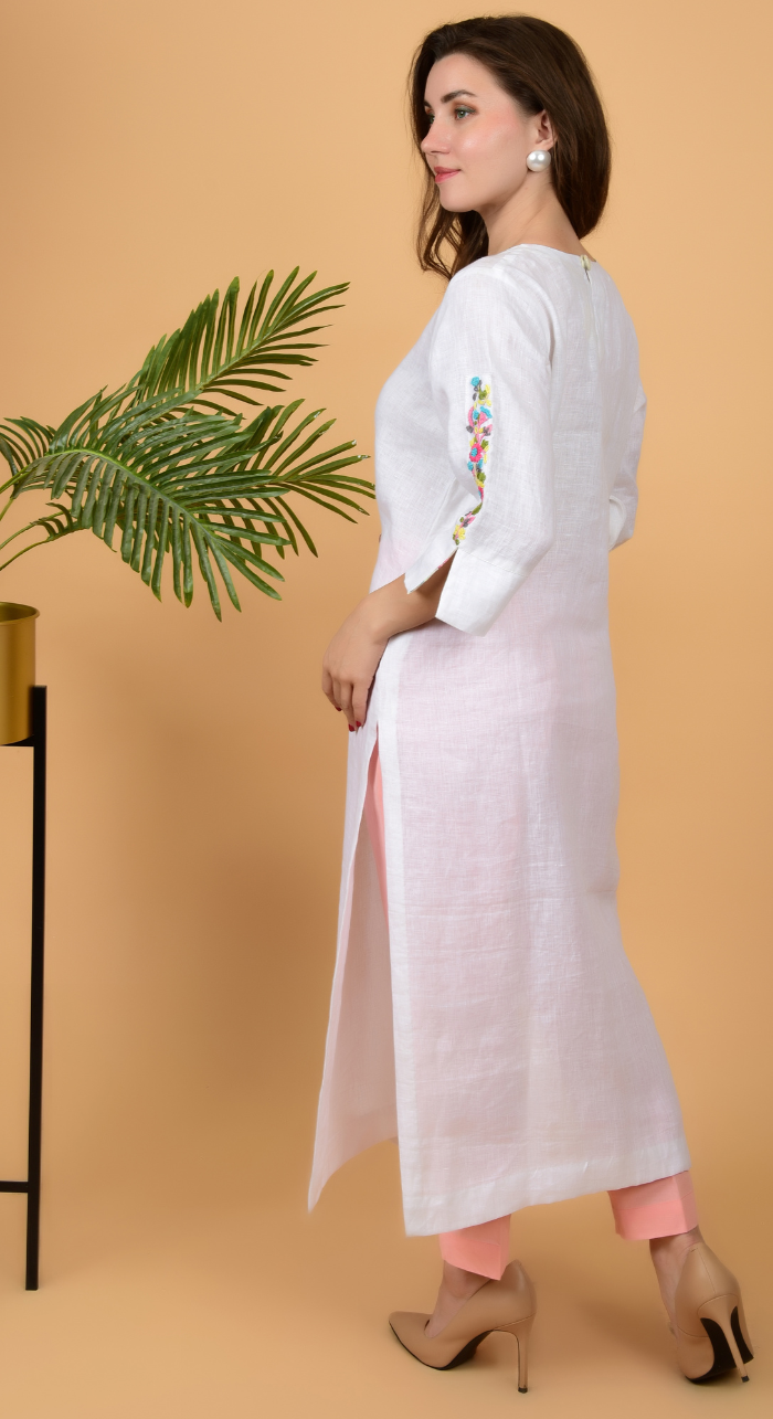 White Fancy Linen Hand Work Kurta