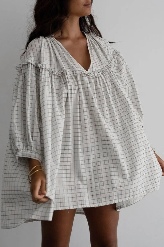 White Stripe Checkered Frilled V Neck Bracelet Sleeve Babydoll Dress - WHITE STRIPE / S / 60% COTTON + 40% VISCOSE