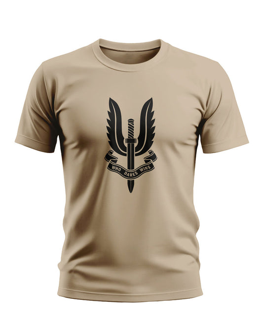 Beige men's t-shirt with black army-inspired sword and wings graphic, 'Who Dares Wins' text.