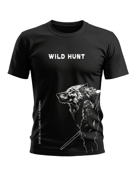 Black men's graphic t-shirt with 'Wild Hunt' text, wolf head, and warrior with sword print.