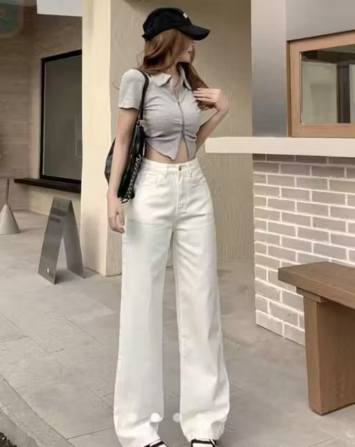 WIND White Denim Straight Jeans – Applique Detail Women's Jeans