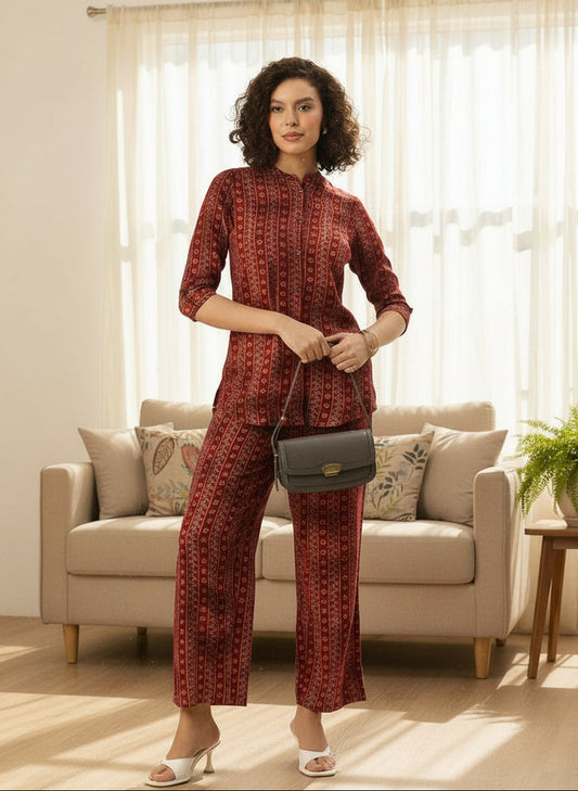 Wine Bandhani Printed Co-Ords, floral Printed Co-Ords Set, Bandhani Printed Palazzos Set, printed co-ords, Bandhani printed, co-ord set, Shirt and palazzo set, women’s co-ords, elegant co-ords, two-piece set