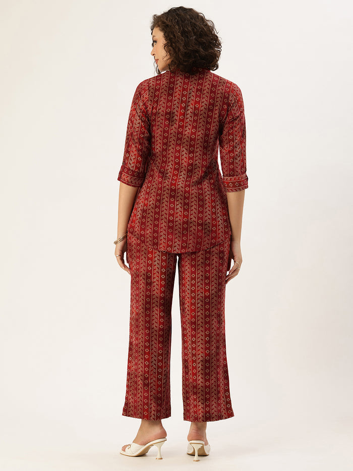 Wine Bandhani Printed Co-Ords, floral Printed Co-Ords Set, Bandhani Printed Palazzos Set, printed co-ords, Bandhani printed, co-ord set, Shirt and palazzo set, women’s co-ords, elegant co-ords, two-piece set