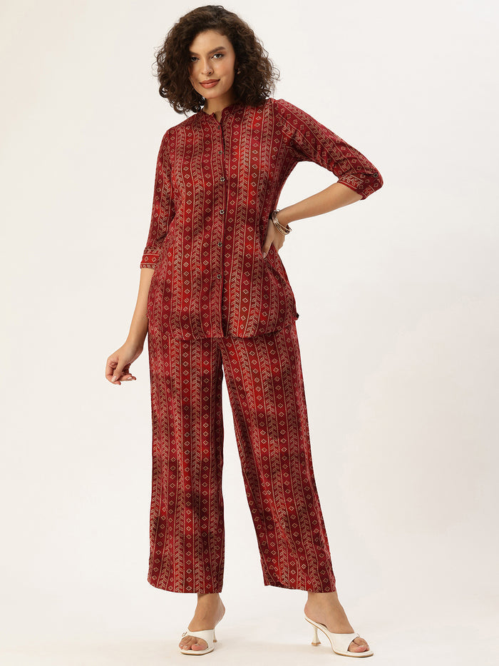 Wine Bandhani Printed Co-Ords, floral Printed Co-Ords Set, Bandhani Printed Palazzos Set, printed co-ords, Bandhani printed, co-ord set, Shirt and palazzo set, women’s co-ords, elegant co-ords, two-piece set