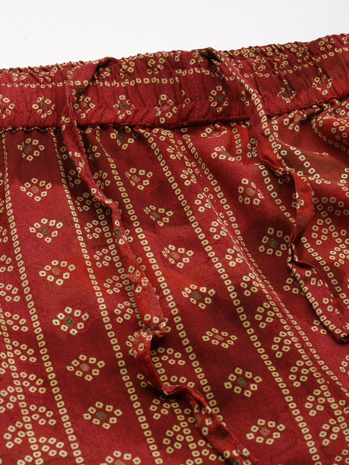 Wine Bandhani Printed Co-Ords, floral Printed Co-Ords Set, Bandhani Printed Palazzos Set, printed co-ords, Bandhani printed, co-ord set, Shirt and palazzo set, women’s co-ords, elegant co-ords, two-piece set