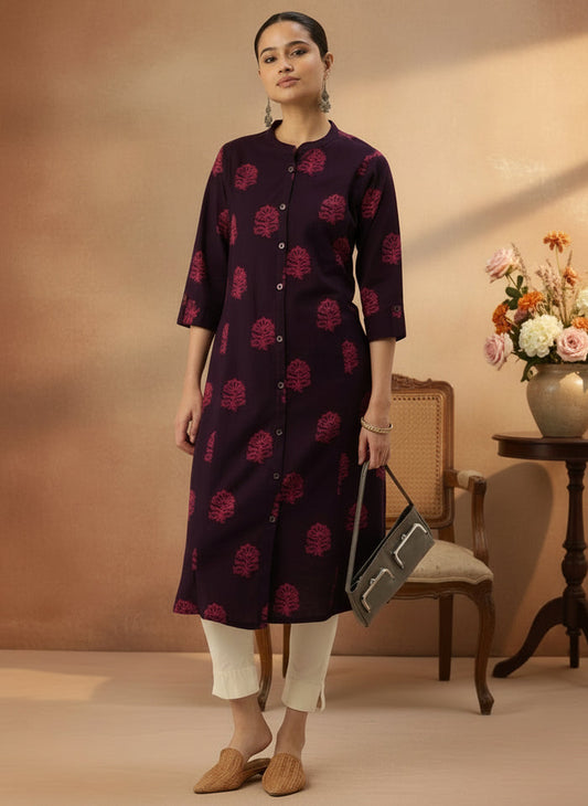 Wine Floral Printed Mandarin Collar Cotton Linen A-Line Kurta, Princess Cur Kurta, A-Line Kurta, Floral Print, Mandarin Collar kurta, printed kurta