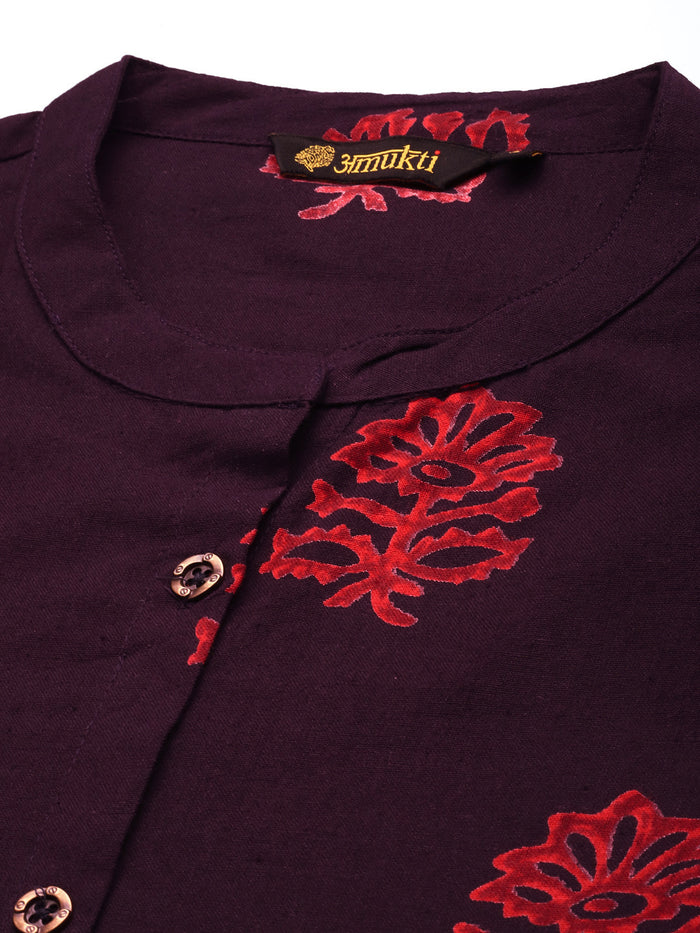 Wine Floral Printed Mandarin Collar Cotton Linen A-Line Kurta, Princess Cur Kurta, A-Line Kurta, Floral Print, Mandarin Collar kurta, printed kurta
