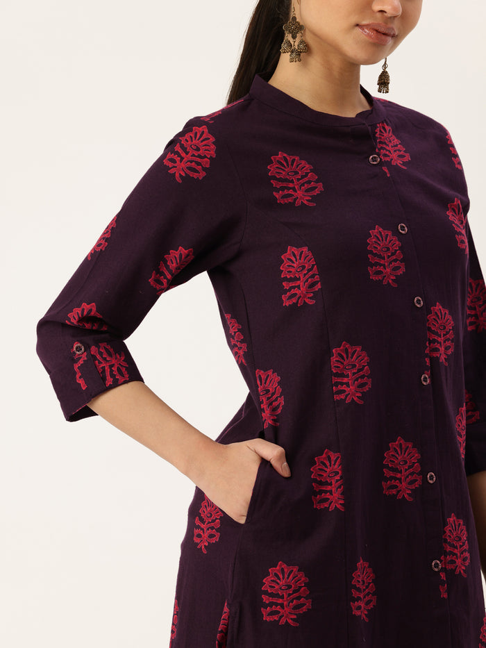 Wine Floral Printed Mandarin Collar Cotton Linen A-Line Kurta, Princess Cur Kurta, A-Line Kurta, Floral Print, Mandarin Collar kurta, printed kurta