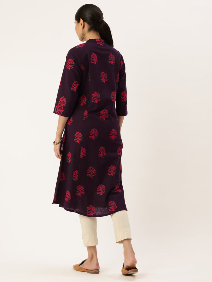 Wine Floral Printed Mandarin Collar Cotton Linen A-Line Kurta, Princess Cur Kurta, A-Line Kurta, Floral Print, Mandarin Collar kurta, printed kurta