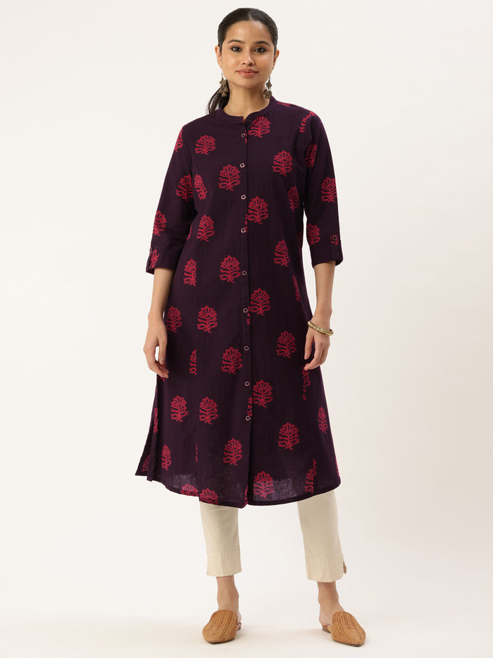 Wine Floral Printed Mandarin Collar Cotton Linen A-Line Kurta, Princess Cur Kurta, A-Line Kurta, Floral Print, Mandarin Collar kurta, printed kurta